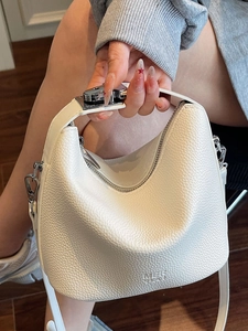 White lychee pattern leather handbag with silver lock and hardware for women