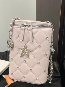 Women Quilted PU Leather Mobile Phone Crossbody Bag Rhinestone Star Decor Chain Strap Mini Shoulder Bag Fashion Handbag