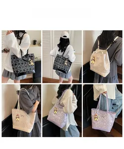 Detailed views of fashionable quilted tote bags with bow decor and cute doll pendants