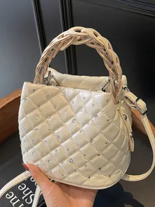Women Quilted Diamond Lattice Bucket Bag Rhinestone PU Leather Shoulder Bag With Woven Handle Crossbody Bag Fashion Handbag