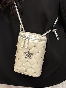 Chic beige quilted phone bag with rhinestone star and silver chain strap