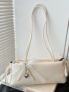 Sac sous le Bras en PU à Gaufrage Floral Avec Nœud en Dentelle Pendentif Cœur en Künstliche Perles Sac à Épaule Femme Style Coréen