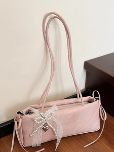 Sac sous le bras rose balletcore avec nœud en dentelle et perles pour femme