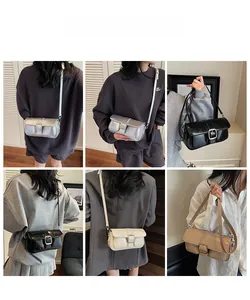 Collage of chic underarm bags in silver, black and cream colors with metallic buckles