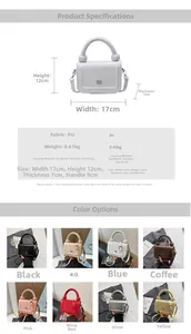 Tableau des dimensions et options de couleurs pour le mini sac à main carré chic en similicuir