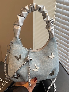 Women Fashion Denim PU Butterfly Crossbody Bag Summer Y2K Rhinestone Shoulder Underarm Bag Large Capacity Commuter Tote Bag