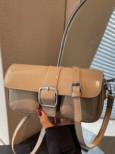 Minimalist khaki underarm bag with glossy finish and silver buckles for women