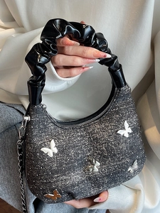 Chic grey tweed butterfly shoulder bag with pearl accents and glossy ruched handle