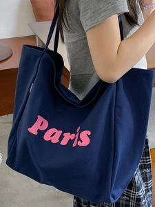 Bolso tote grande de lona azul marino con estampado Paris rosa para moda casual