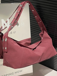 Women Large Capacity Canvas Shoulder Bag Retro Lazy Style Underarm Bag With Metal Studs Solid Color Chic Commute Tote Bag