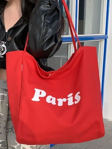 Bolso tote grande de lona roja con letras blancas de París para uso diario casual
