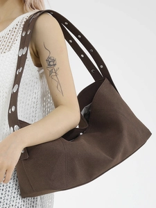 Large dark brown canvas shoulder bag with silver rivet straps for women's summer style