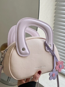 Sac à Épaule en Cuir PU pour Femme Motif Litchi Petit Sac à Main Carré Couleur Contrastée avec Breloques Fleurs