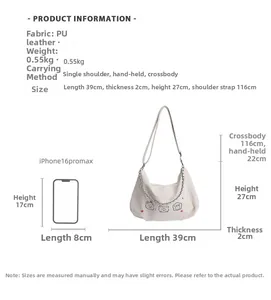 Detailed size chart of white PU leather tote bag with cute bear prints and dimensions