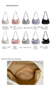 Detail view of the interior zip pocket and multiple color options for the cartoon tote bag