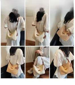 Fashion straw tote bag shown in multiple angles with brown leather strap and charm