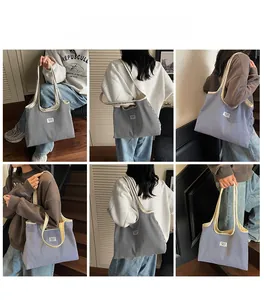 Blue and white vertical striped canvas tote bag shown in multiple lifestyle model poses