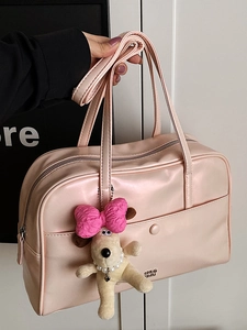 Women Fashion Glossy PU Leather Shoulder Bag Urban Minimalist Tote Bag With Cute Plush Dog Charm Daily Commuter Bag