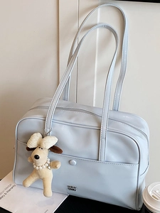 Minimalist light blue PU leather tote bag with cute teddy bear charm and metal logo