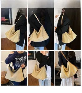 Multiple views of large woven tote bag shown on model for shoulder and hand carry