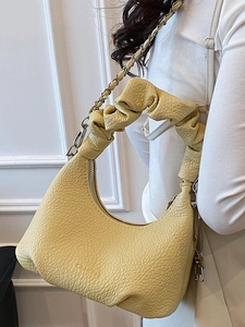 Fashionable lemon yellow ruched cloud shoulder bag with metal chain strap for women