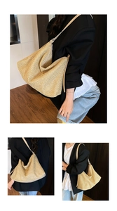 Detailed close-up showing the mesh knit texture and leather strap of this beige tote bag