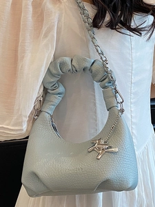 Light blue ruched cloud bag for women with silver chain and horse charm accessory