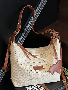 Women Large Capacity Woven Knit Tote Bag Hollow Out Straw Style Shoulder Bag With Leather Straps And Cute Bear Charm