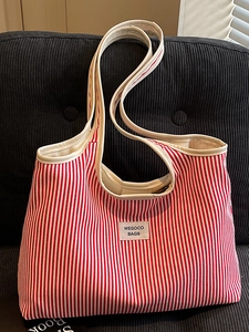 Women Striped Canvas Tote Bag Large Capacity Minimalist Shoulder Bag Trendy Daily Commuting Shopping Handbag For Women Chic Elegant