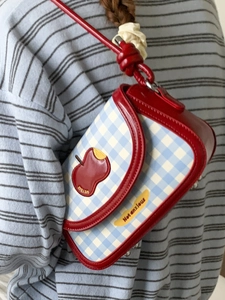 Blue and white checkered crossbody saddle bag with red leather straps and apple patch