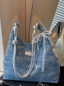 Women Large Capacity Denim Tote Bag With Artificial Pearl Bow Lace Pendant Shimmer Polka Dot Single Shoulder Axillary Bag Fashion Handbag