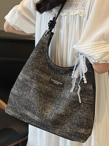Chic dark gray tote bag with starry glitter texture and elegant pearl bow charm