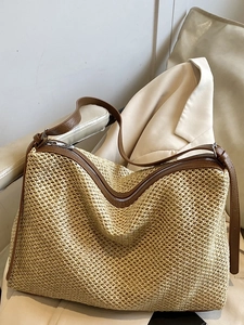 Women Large Capacity Straw Woven Tote Bag Summer Fashion Shoulder Bag Synthetic Leather Trim Zipper Casual Hobo Handbag
