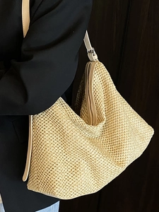 Large capacity woven tote bag with smooth zipper and leather strap for summer fashion