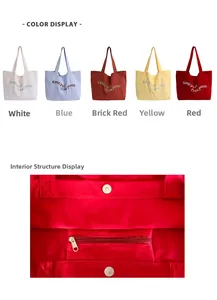Detail view of the interior magnetic buckle and zipper pocket on a canvas tote bag