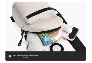 Detail view of the beige crossbody bag with large capacity and multiple zipper pockets