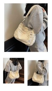 Detail showing multiple zipper pockets and adjustable strap of the canvas crossbody bag