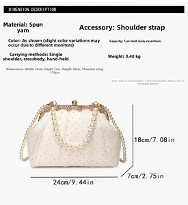 Detailed dimensions of white evening clutch with pearl handle and rhinestone edges