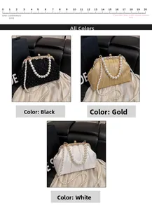 Detail view of sparkling evening clutch with floral crystal clasp and pearl chain straps