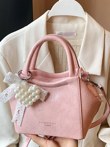 Borsa a Secchiello da Donna in Pelle PU Stropicciata Minimalista Con Ciondolo a Cuore di Künstliche Perle e Fiocco in Pizzo