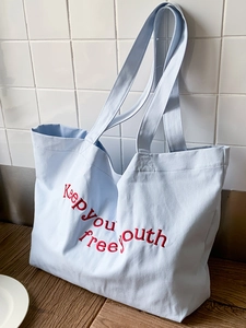 Women Large Capacity Canvas Tote Bag Embroidered Letter Slogan Casual Shoulder Handbag Urban Minimalist Shopping Bag