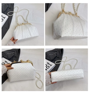 Detailed views of a white sequin evening clutch bag with pearl handles and gold clasp