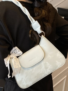 Chic white marble pattern underarm bag with woven strap and delicate lace bow