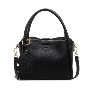 Sac seau élégant en cuir grainé noir avec poignée et charmant pendentif chien doré
