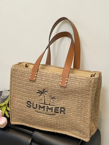 Women Summer Woven Tote Bag Letter Palm Tree Embroidery Large Capacity Beach Shoulder Bag With PU Leather Handle