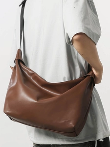 Brown large capacity crescent tote bag with wide nylon strap for casual women fashion