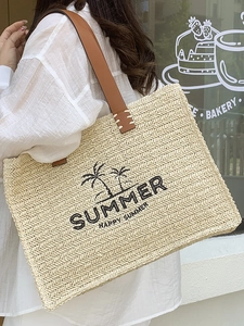 Summer woven tote bag with palm tree embroidery and brown leather shoulder straps