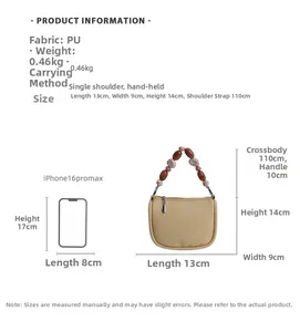 Detailed product size chart for the yellow beaded handbag with iPhone scaling reference