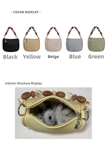 Detailed view of beaded handle handbags in five colors with zipper closure