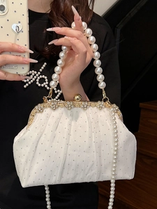 Elegant white pleated evening bag with pearl handles and crystal rhinestones